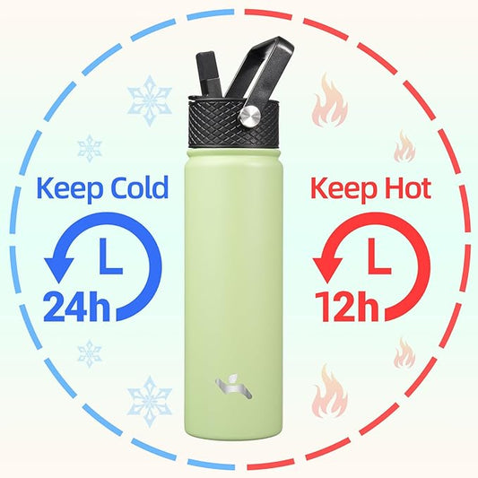 22oz Stainless Steel Bottles with 3 Lids Sport Insulated Water Bottle,Macaron Green