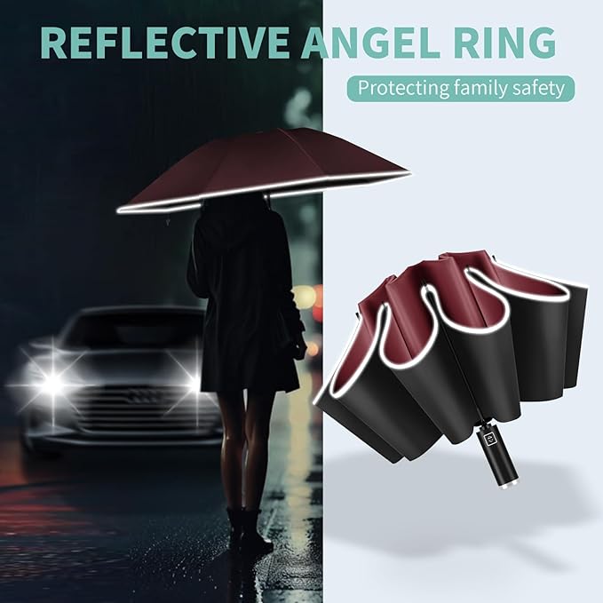 Yoobure Inverted Windproof Travel Umbrella - Automatic Umbrellas for Rain, Compact Folding with Reflective Stripe, Portable Large for Backpack, Lightweight with Sun UV Protection