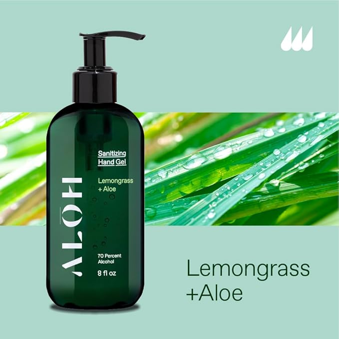 ALŌH Sanitizing Hand Gel 2-pack | Lemongrass + Aloe | 70% Alcohol Hydrating Hand Sanitizer Gel with Essential Oil, for Kids & Adults | 8oz Size Bottle (Set of 2)