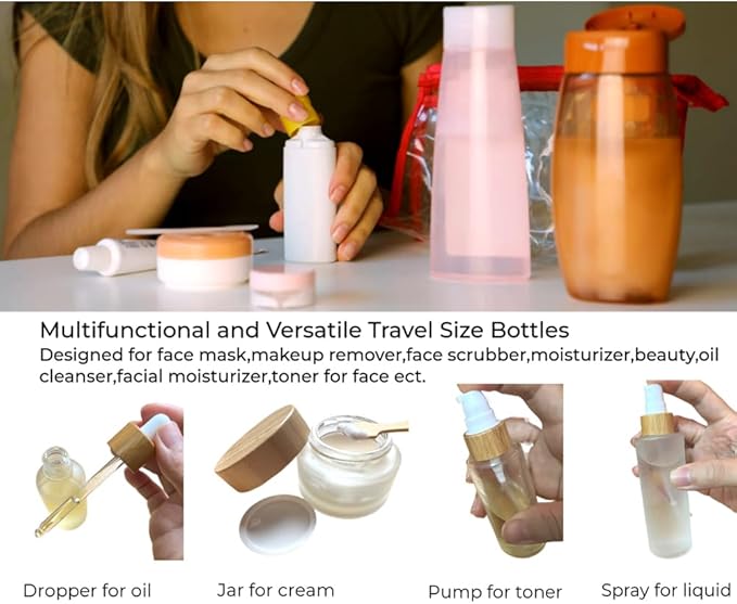 Empty Refillable Frosted Glass Cosmetic Containers with Bamboo Cover - 5 Pack, Spray Bottle, Lotion Pump, Dropper, Roller and Cream Jar for Cosmetic Storage with Tray