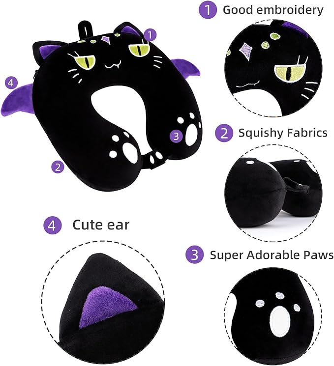 Niuniu Daddy Black Cat Kids Neck Travel Pillow for Kids, Compact Portable Travel Neck Pillow Supportive for Airplane Car Recline Sleeping for 3-8 Years Cute Boys Girls Toddlers Holiday Long Trip