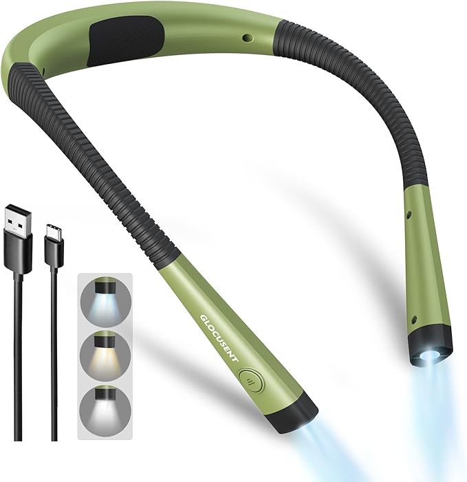 Glocusent Book Light, 3-Color & 6-Brightness Reading Light, Bendable Neck Light, 80-hr Lasting Rechargeable Lamp, Perfect Book Light for Reading in Bed, Knitting, Camping, Repairs(Green)
