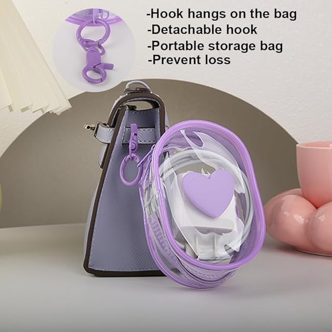 Charging Cable Storage Bag, Lovely 3D Love Heart Waves Design Transparent Compact Travel Cables Carrying Storages Case Electronic Accessories Charger Cord Wire Organizer, Purple Love