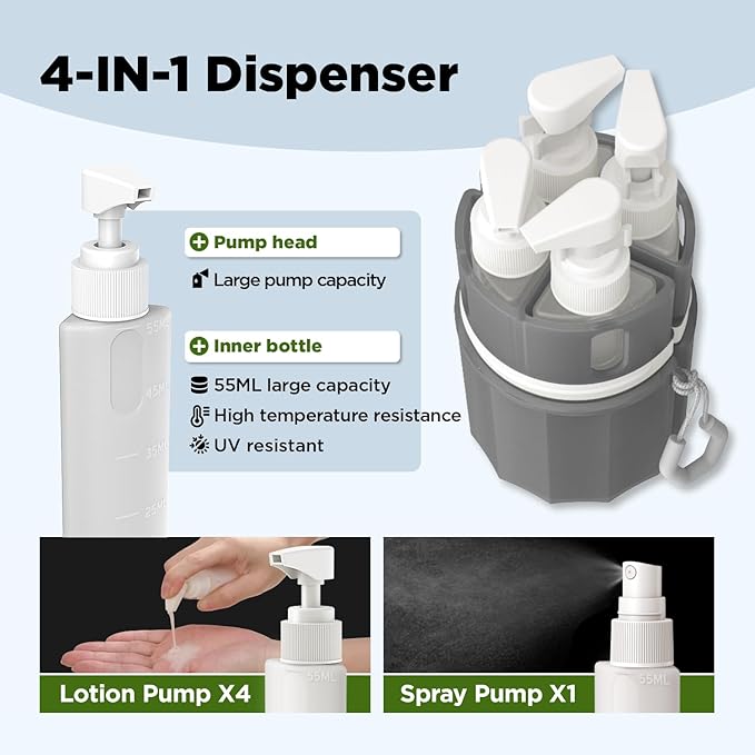 YOTIME 4in1 Travel Bottles with Suction Cup, TSA Approved Leak Proof Travel Size Containers for Toiletries, Refillable Travel Accessories for Shampoo, Body Wash and Conditioner, Gray