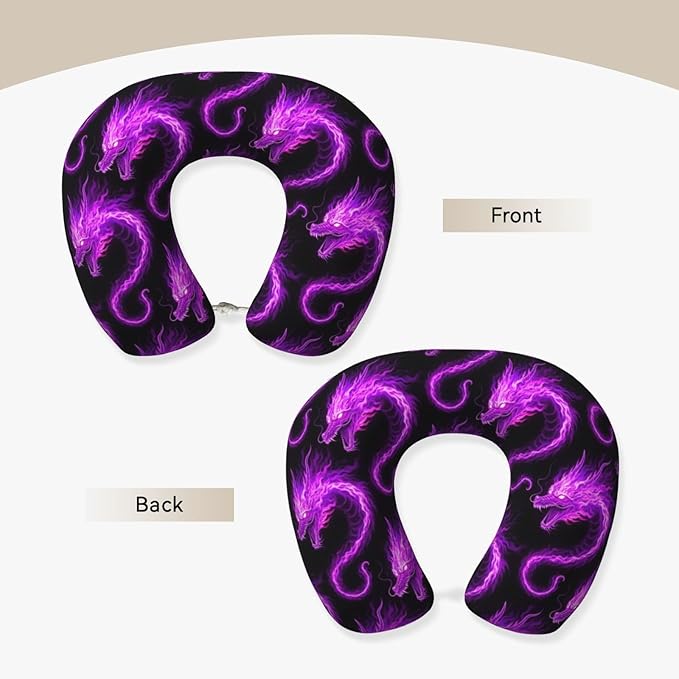 Neck Pillows for Travel Purple Fire Dragon Art, Women and Men Airplane Car Pillow, Neck Support U Shaped Pillow for Rest Pain Relief Sleeping