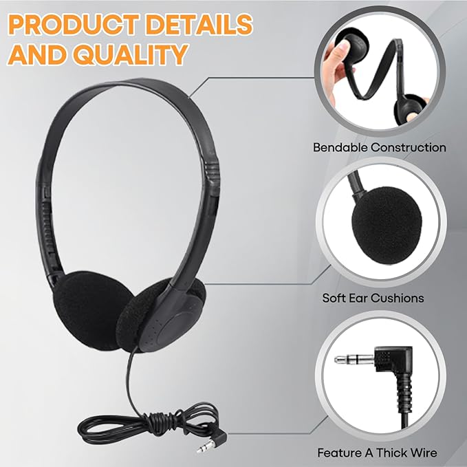 12 Pack Kids Headphones Bulk for Classroom School Students, Durable Wholesale Class Set Headphones for Kids Children Toddler Teen Boys Girls (HY857,12 Black)