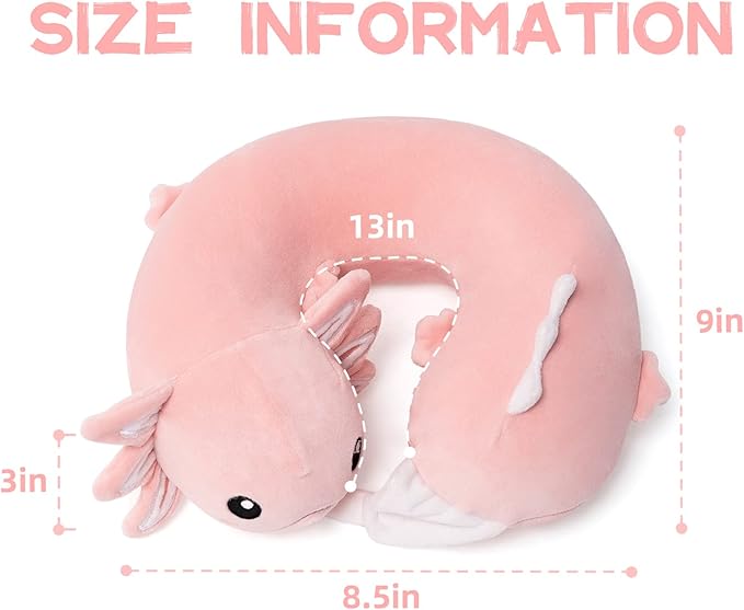 Niuniu Daddy Pink Axolotl Kids Travel Neck Pillow Road Trip Essentials for 3-8 Years Old, Soft Memory Foam Neck Pillow for Sleeping Airplane Essentials, Cervical Pillow for Boys Girls Toddlers