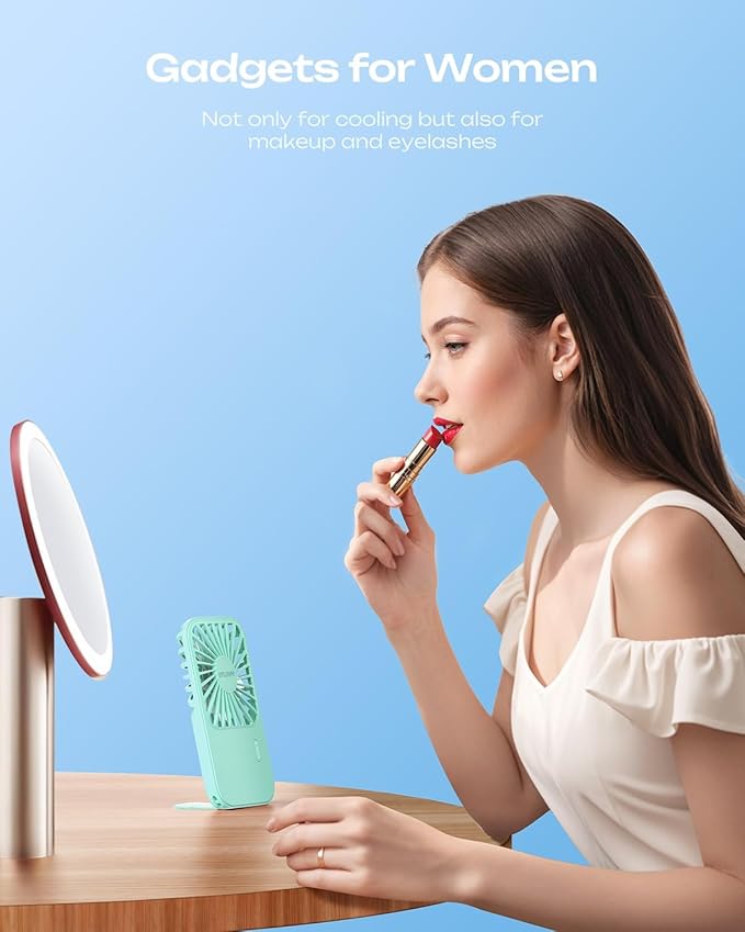 Otlonpe Rechargeable Mini Portable Handheld Fan, Small Personal Battery Powered Handheld Portable Fans for Hand Held Desktop Travel, Foldable Stand, Slim Cordless, Wrist Strap, 3-Speed (Teal)