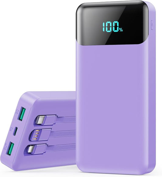 Portable Charger 40800mAh with 3 Built-in Cable,PD 25W USB C in&Out Power Bank Fast Phone Charging,QC4.0 LED Display 5 Output External Battery Pack Compatible with iPhone 17/16,Samsung Android-Purple