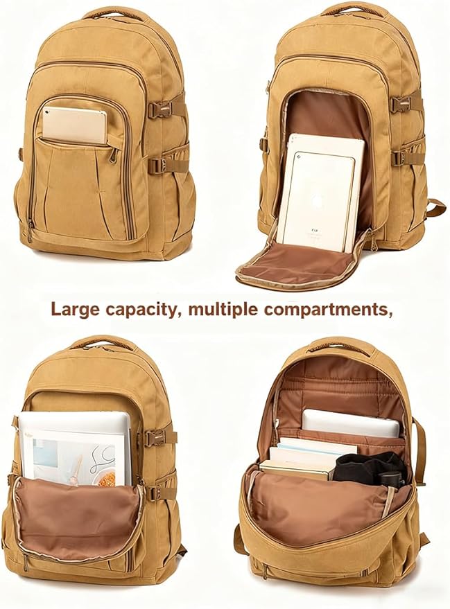 Men's Canvas Travel Backpack, Large 50L Hiking Daypack with Multiple Compartments, Heavy Duty Rucksack, Brown(50L)