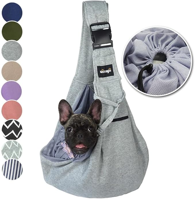 NATUYA Pet Dog Sling Carrier - Breathable Mesh Travel Safe Sling Bag Carrier for Dogs Cats-Hands Free Pet Bag-Buckle net Pocket pet Bag (Grey)