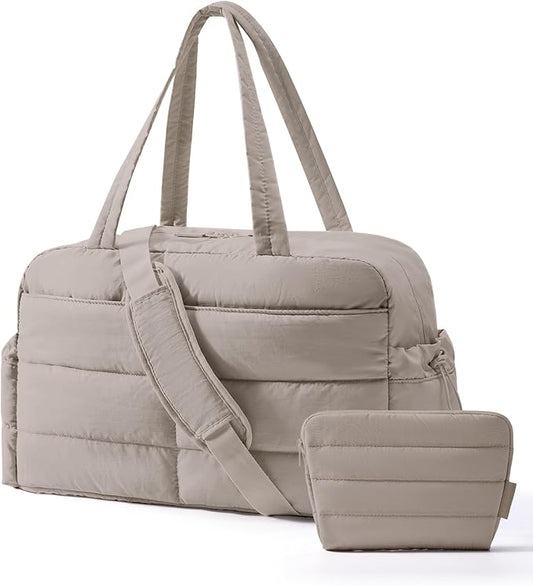 BAGSMART Gym Bag for Women, Lightweight Puffer Duffle Bag 2-PC Travel Bag, 31L Weekender Overnight Bag Quilted Carry On Tote Bag, Diaper Hospital Dance bag for Travel, Gym, Water Resistant, Camel