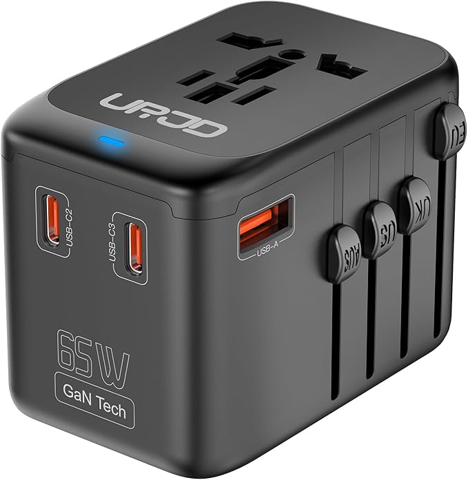 Universal Travel Adapter GaN 65W Fast Charger, 3 USB C(Each/GaN 65W) & 1 USB A(PD 45W) Ports & 2500W AC Outlet, International Power Adapter High Power Travel Plug Adapter for Europe UK US AUS
