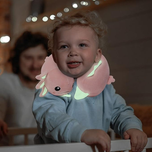 Niuniu Daddy Pink Axolotl Kids Travel Neck Pillow Road Trip Essentials for 3-8 Years Old, Soft Memory Foam Neck Pillow for Sleeping Airplane Essentials, Cervical Pillow for Boys Girls Toddlers