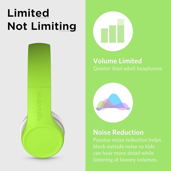 LilGadgets Connect+ Foldable Headphones, Adjustable Fit Soft Touch Padding for Kids with Mic, Volume-Limited & Noise Reduction On-Ear Wired Headset for School with SharePort - Green, Ages 3-14