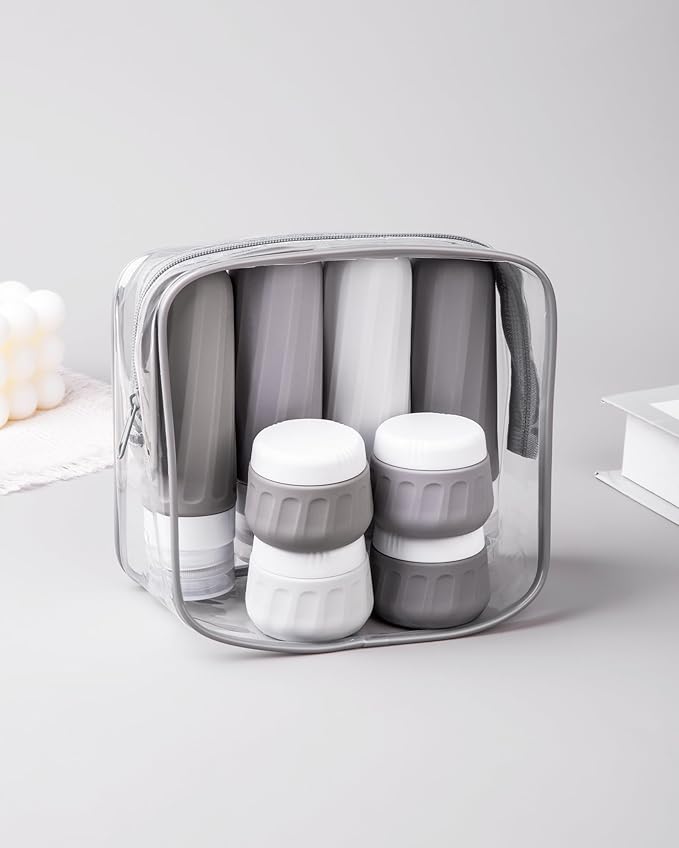 Travel Bottles for Toiletries 8 Pack, Travel Size Toiletries, Tsa Approved Travel Size Containers 3oz, with Travel Essentials Clear Bag, Leak Proof Silicone Squeezable Creams Jars