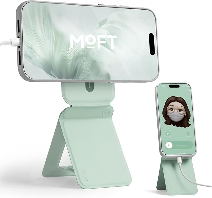 MOFT Phone Stand, Magnetic Phone Tripod Stand Stain-Resistant MOVAS Leather & Angle Adjustment & Strong Magnets Tripod for iPhone 17/16/15/14/13/12 (Included Metal Ring)-Peppermint