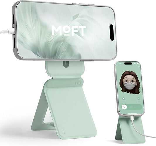 MOFT Phone Stand, Magnetic Phone Tripod Stand Stain-Resistant MOVAS Leather & Angle Adjustment & Strong Magnets Tripod for iPhone 17/16/15/14/13/12 (Included Metal Ring)-Peppermint