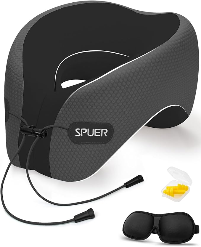 Travel Pillows for Airplanes, Neck Pillow Airplane, Airplane Travel Accessories with Eye Mask, Earplugs & Storage Bag, Ergonomic Memory Foam Neck Pillow for Sleeping, Flights, Cars (Dark Gray & Black)