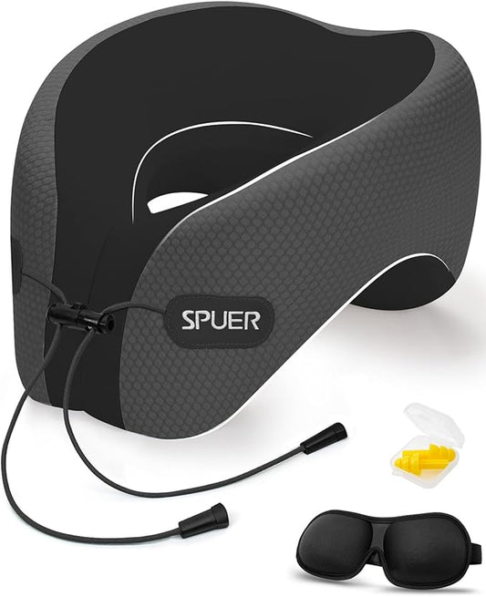 Travel Pillows for Airplanes, Neck Pillow Airplane, Airplane Travel Accessories with Eye Mask, Earplugs & Storage Bag, Ergonomic Memory Foam Neck Pillow for Sleeping, Flights, Cars (Dark Gray & Black)