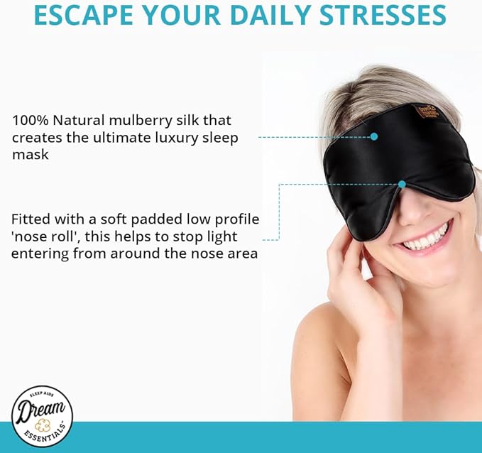 Dream Essentials Ultra Silk 360 Sleep Mask, Mulberry Silk Blindfold Eye Mask with 2 Fully Adjustable Straps, Thin Profile Night Mask Great for Side, Stomach, or Back Sleepers - Black