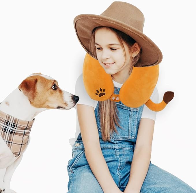 Sexysamba Cartoon Headrest & Neck Pillow for Kids Boys & Girls, Teens, Travel Accessories for Airplane, Car, Recline, Memory Foam Cute Travel Pillow with Sleep Eye Mask - Lion