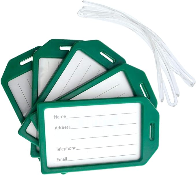 5 Pack - Premium Rigid Airline Luggage Tag Holders with 6" Worm Loops - Heavy Duty Hard Plastic -Suitcase ID Tag Identifiers with Business Card Insert Window by Specialist ID (Green)