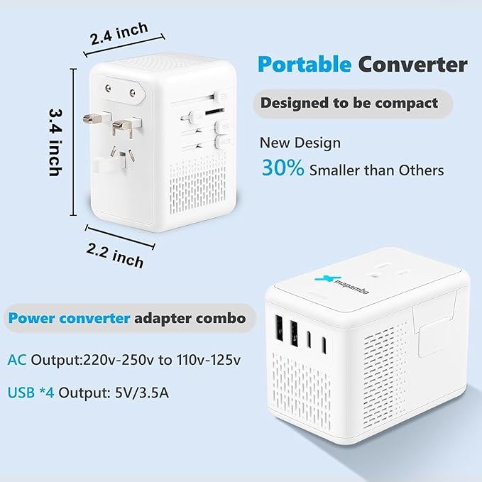 220V to 110V Voltage Converter US to Europe for Hair Dryer with Fast Charging 2 USB 2 USB C, Power Converter Adapter Combo International Travel Adapter A C G I (White)