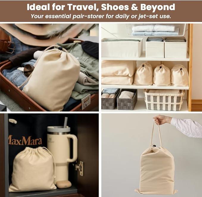 LFH Cotton Shoe Storage Bags with Drawstring, Dustproof Breathable Reusable Organizer, Perfect For Travel, Dorm, Hotel, College, Gym, Easy to Carry, Machine Washable 12"x17" (Pack of 2) - Natural