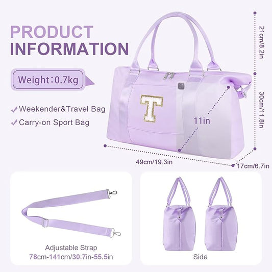 Dance Gym Duffel Bag for Teen Girls, Personalized Initial Travel Weekender Bag,Cute Overnight Carry On Duffle for Women,Sports Travel Cheer Bag,Monogram Christmas Gifts for Tween Preppy(purple-T)