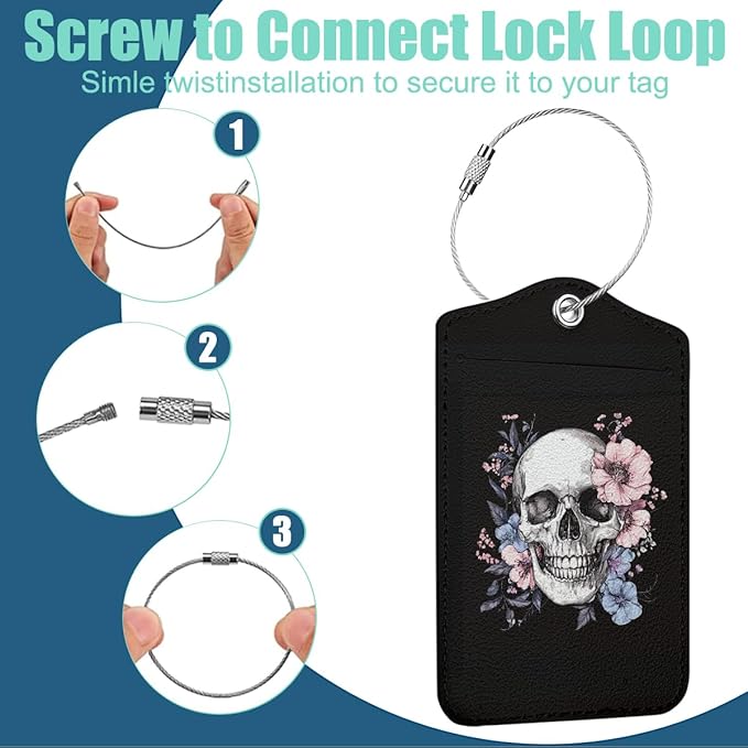Floral Skull Luggage Tag, Suitcase Tags with Privacy Flap and Metal Loop, Gothic Luggage Tags for Suitcases, Identifiers Travel Essentials Bag Tag, Travel Gifts for Women Girls Friends