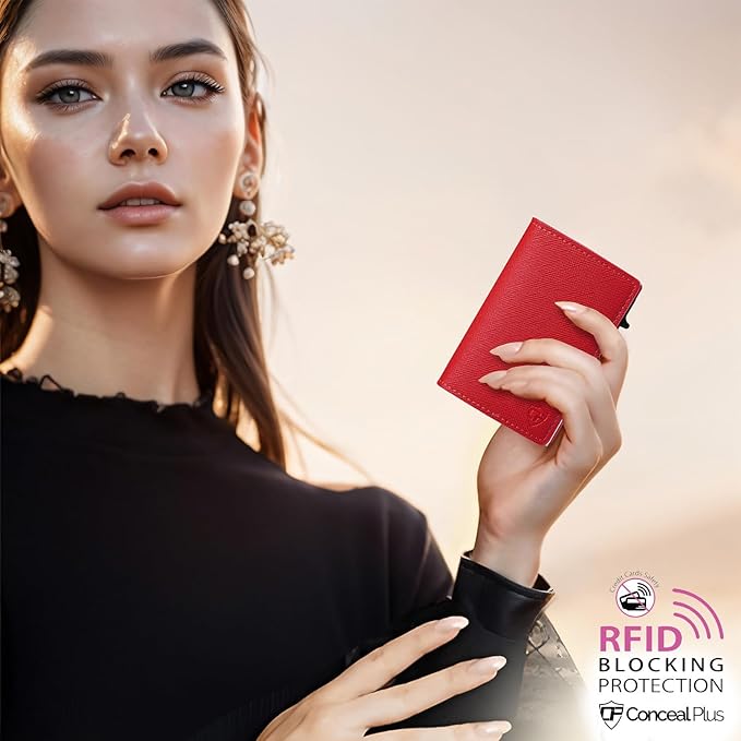 Womens Slim Wallet for Small Purses, Pop Up Wallet with Anti Theft RFID Blocking Credit Card Holder for Women in Red PU Saffiano