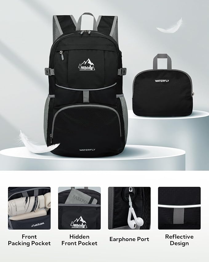 WATERFLY Hiking Packable Daypack Backpack: 35L Ultra Lightweight Day Pack for Woman Man - Large Compact Folding Back Pack for Outdoor Sport Cycling Camping Travel Trip - Black