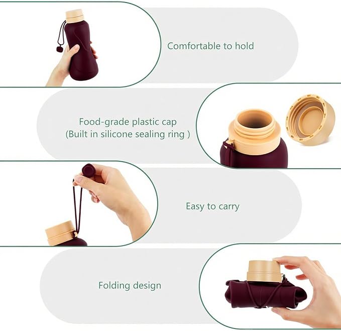 Collapsible Water Bottles,650ml,Leak Proof,Reuseable BPA Free Silicone Foldable Water Bottles,Durable Lightweight for Travel Gym Camping Hiking,Compact Size Portable Sports Water Bottle (Coffee)