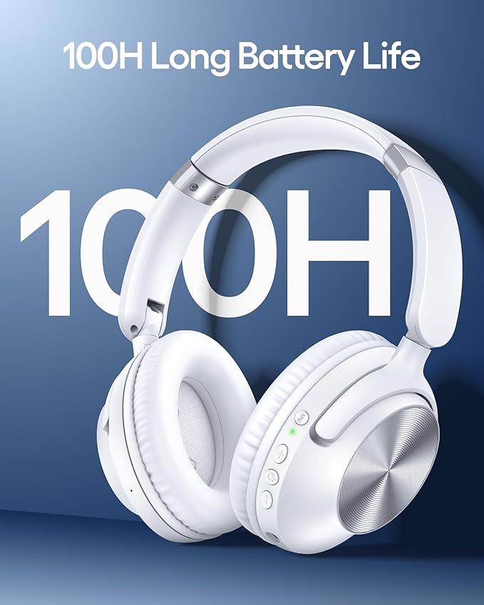 TAGRY Hybrid Active Noise Cancelling Bluetooth Headphones 100H Playtime Wireless Over Ear Headphone with Fast Charging Hi-Res Audio Headsets Comfort Earcups for Commute Travel Office Phone PC White