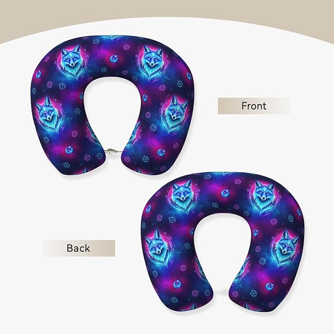 Travel Neck Pillow for Pain Relief Sleeping, Purple Blue Fox Galaxy Starry Sky, Comfortable Memory Foam Chin Head Cushion Support with Zip Cover, Fashion Car Flight Pillows