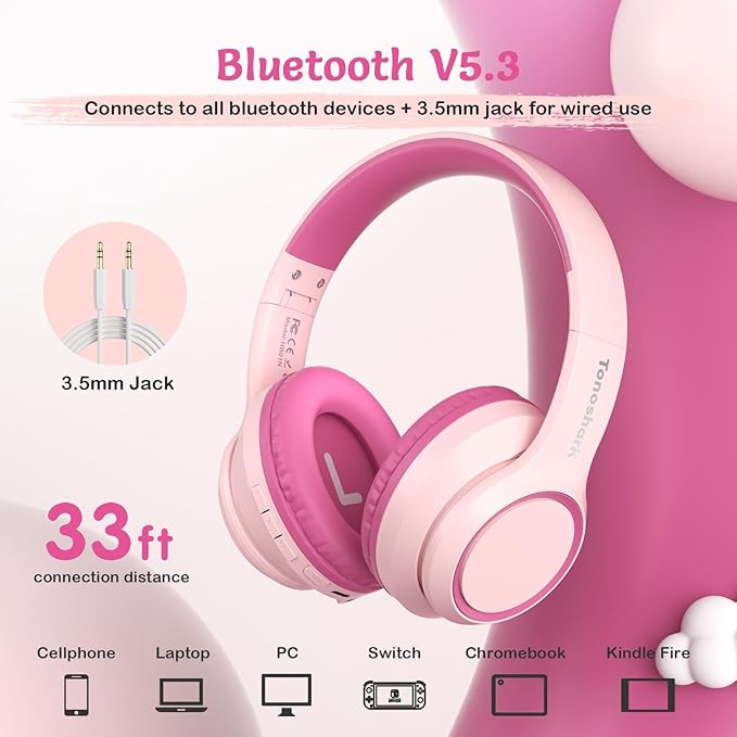 Kids Bluetooth Headphones with Active Noise Cancelling, Wireless Over-Ear Headphones for Boys Girls, Foldable, Adjustable, Safe Volume, 40H Playtime, Mic for School Travel(Pink)