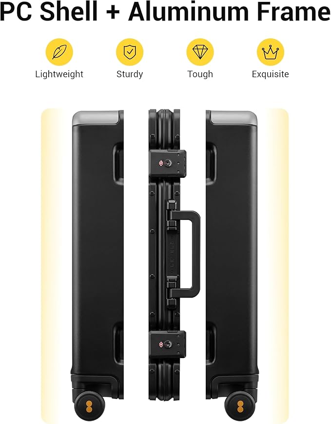 LEVEL8 Zipperless Carry On Suitcase Airline Approved with Aluminum Frame, Hard Shell Luggage with Spinner Wheels, Metal Travel Luggage with Double Tsa Locks, 20 Inch, Black