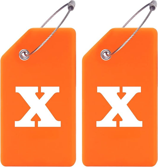 Gostwo 2 Pack Silicone Luggage Tags for Suitcases, 26 Initial Letter Baggage Labels Handbag School Bag Suitcase Instrument Tag with Stainless Steel Loop(Orange)(Letter X)