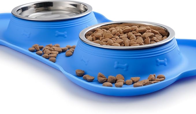 Hubulk Pet Dog Bowls 2 Stainless Steel Dog Bowl with No Spill Non-Skid Silicone Mat + Pet Food Scoop Water and Food Feeder Bowls for Feeding Small Medium Large Dogs Cats Puppies (Extra Large, Blue)