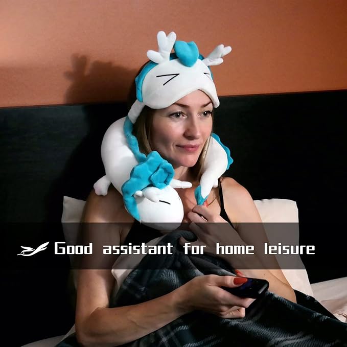 Anime Dragon Neck Pillow Dragon U-Shape Pillow Cute Dragon Plush Toy with Anime Sleep Mask Perfect for Travel, Christmas and Birthday Gift
