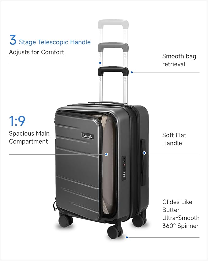 Carry On Luggage Top Opening, FLT Expandable Polycarbonate Hard Shell Suitcase with Wheels (FLO-Lite, Charcoal Metallic, 20 Inch, 38L-43L)