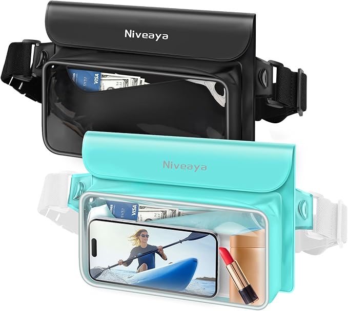 Niveaya IP68 Waterproof Fanny Pack - 2 Pack, Floating Dry Bag Pouch, Phone Waterproof Waist Pouch Dry Bag, Beach, Kayaking, Swimming, Boat Essentials, for iPhone 17/16/15/14/13/12 Pro Max up to 9.5"