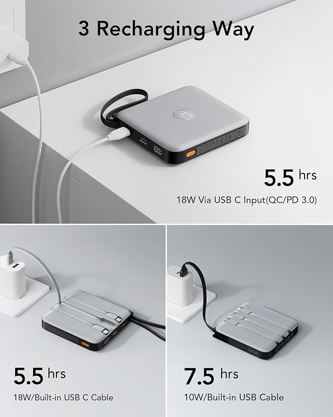 VRURC 20000mAh Portable Phone Charger with 4 Built-in Cables, Power Bank Fast Charging 22.5W USB C Battery Pack, for iPhone 16 15 14 13 12 11 x Samsung Galaxy Series etc, Gray(1 Pack)