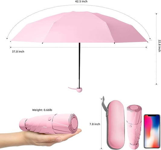 Travel Mini Compact Folding Umbrella with Case - UV Sun & Rain Protection, Lightweight Portable Pocket Umbrella for Women Men Kids, Fits Purse Backpack
