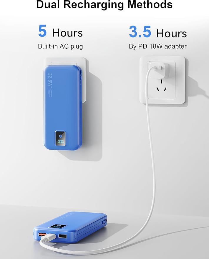 Portable Charger, 12000mAh 22.5W Fast Charging Power Bank with Built-in Cables & Wall Plug, Travel Essential Battery Pack with LED Display, USB C Battery Phone Charger for iPhone, iPad, Samsung Navy