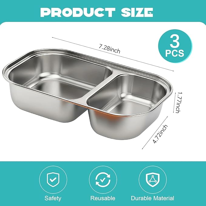 BSTUR 3 Pack Stainless Steel Snack Containers with Silicone Lids, 2 Compartment Food Storage for Office, Work, Travel, Meal Prep, Hiking, Picnic