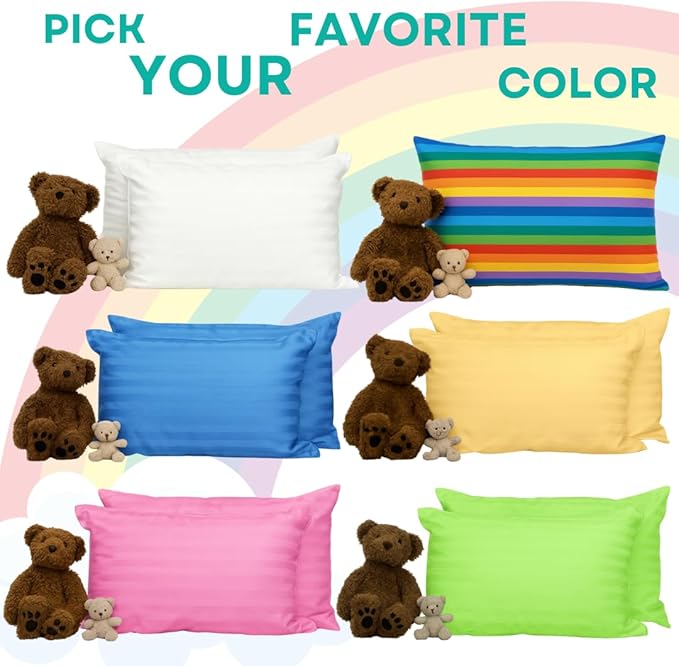 kinder Fluff Children Pillow (2Pack) 10x15in - First Pillow for Kids Age 2+, 100% Cotton Sateen Stripes Shell 300T, Down Alternative Fill, Machine Washable - Children & Travel Cushion - Green - XS