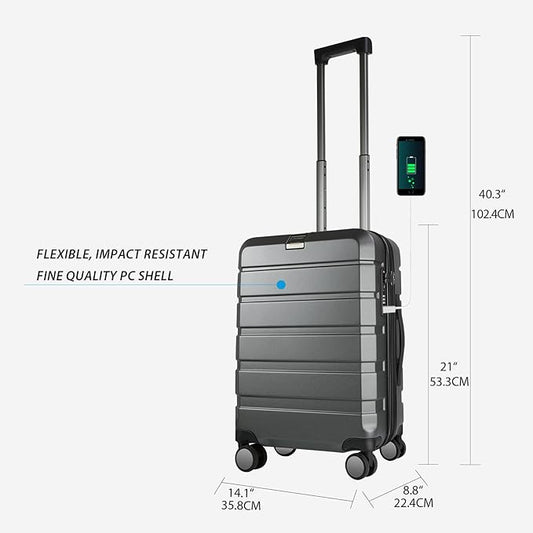 KROSER Hardside Expandable Carry On Luggage with Spinner Wheels & Built-in TSA Lock, Durable Suitcase Rolling Luggage with USB Port, Carry-On 20-Inch Steel Grey