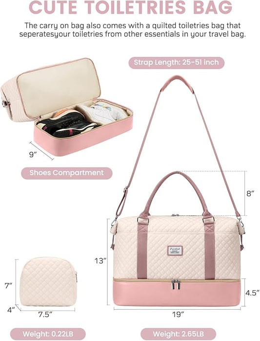 Travel Weekender Duffle Bags for Women: Overnight Bags with Shoe Compartment Large Carry on Weekend Bag with Toiletry Bag & Wet Pocket Tote Duffel Hospital Bag for Women Labor Delivery Beige Pink